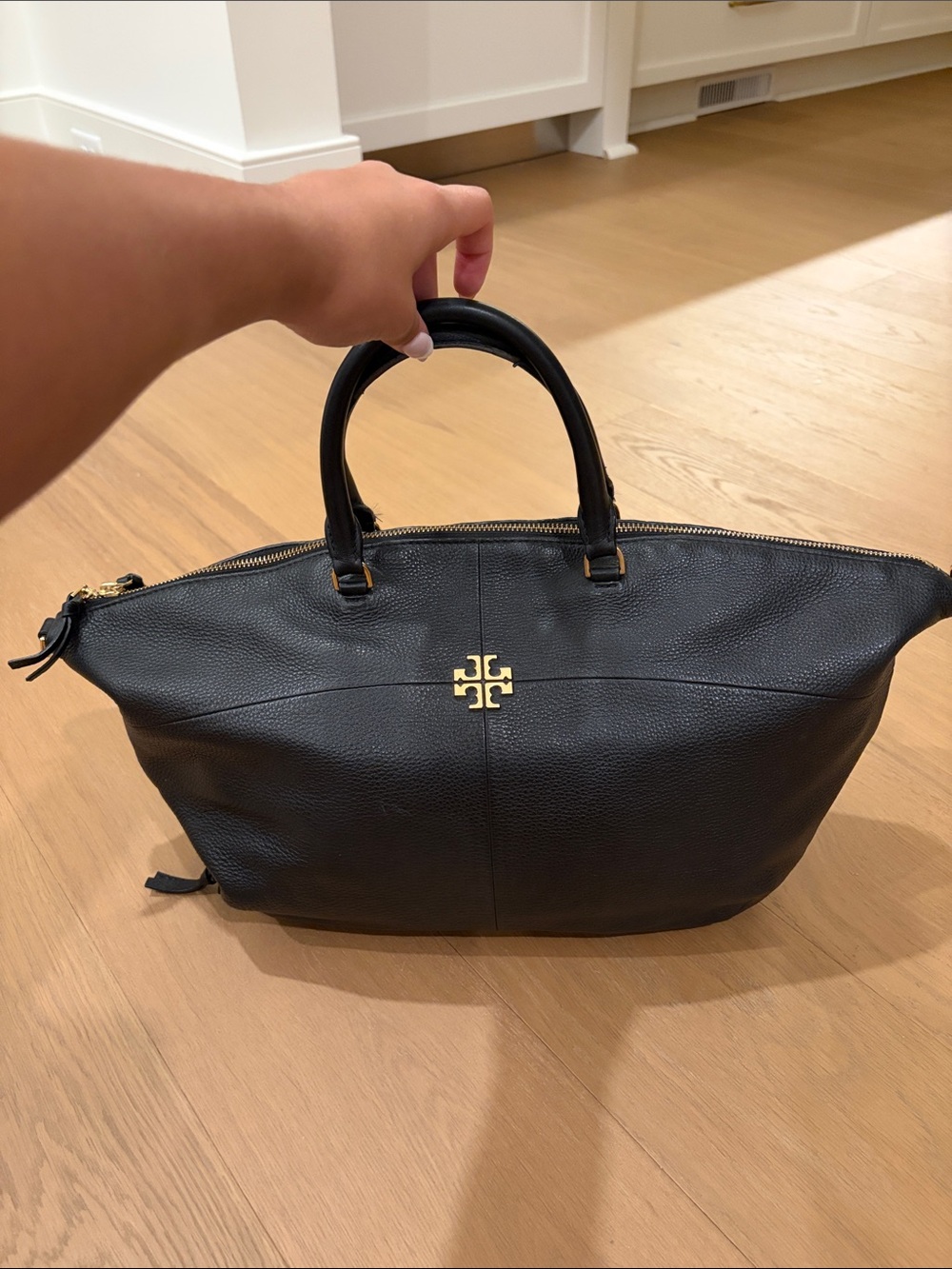 Tory Burch Black Pebbled Leather Tote with Gold Logo Accent